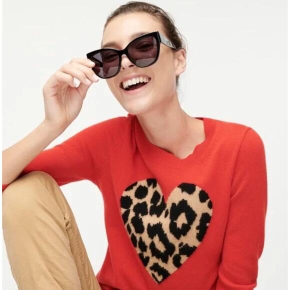 J. Crew Everyday Pure Cashmere Crewneck Sweater with Leopard Heart Red Size S - Picture 1 of 16